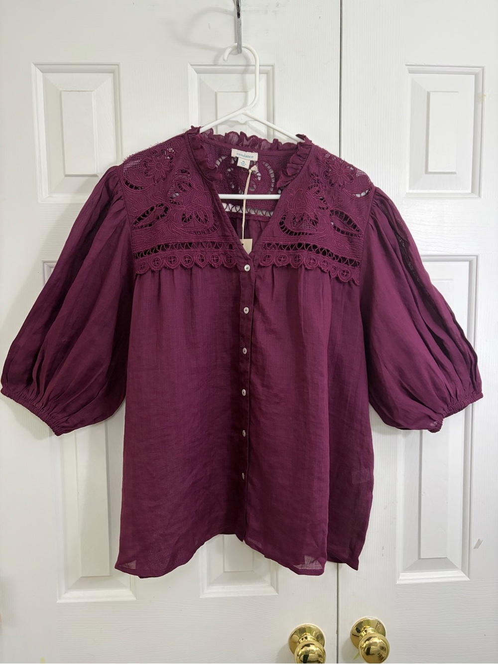 NWT Sundance Plum Embroidered Lace Puff Sleeve Ramie Button Down Bohemian Top XL
